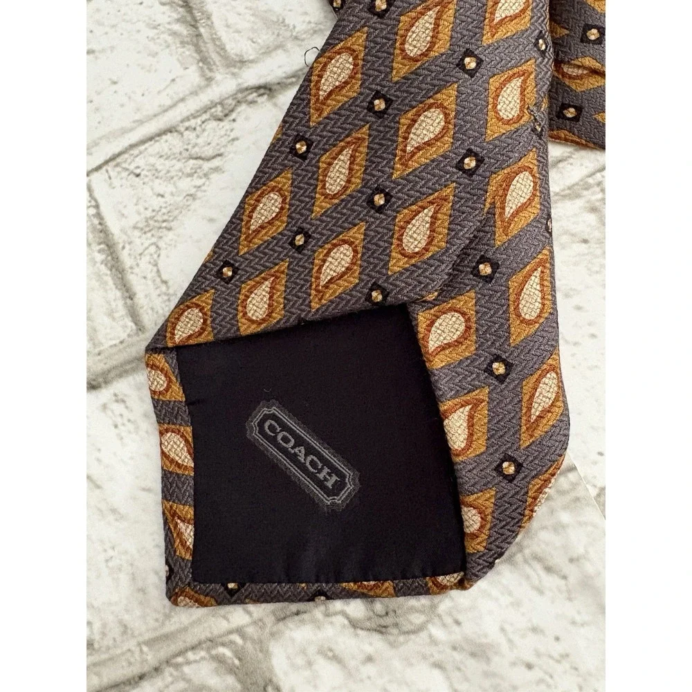 COACH‎ Silk Neck Tie~Earthy Golden Brown With Mustard Raindrop